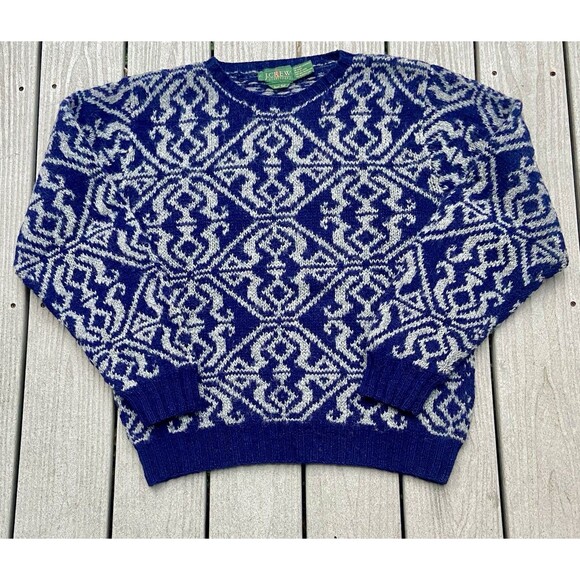 Vintage 1990s J.Crew Outfitters Hand Knit Shetland Wool Sweater Blue Gray L - Picture 2 of 13
